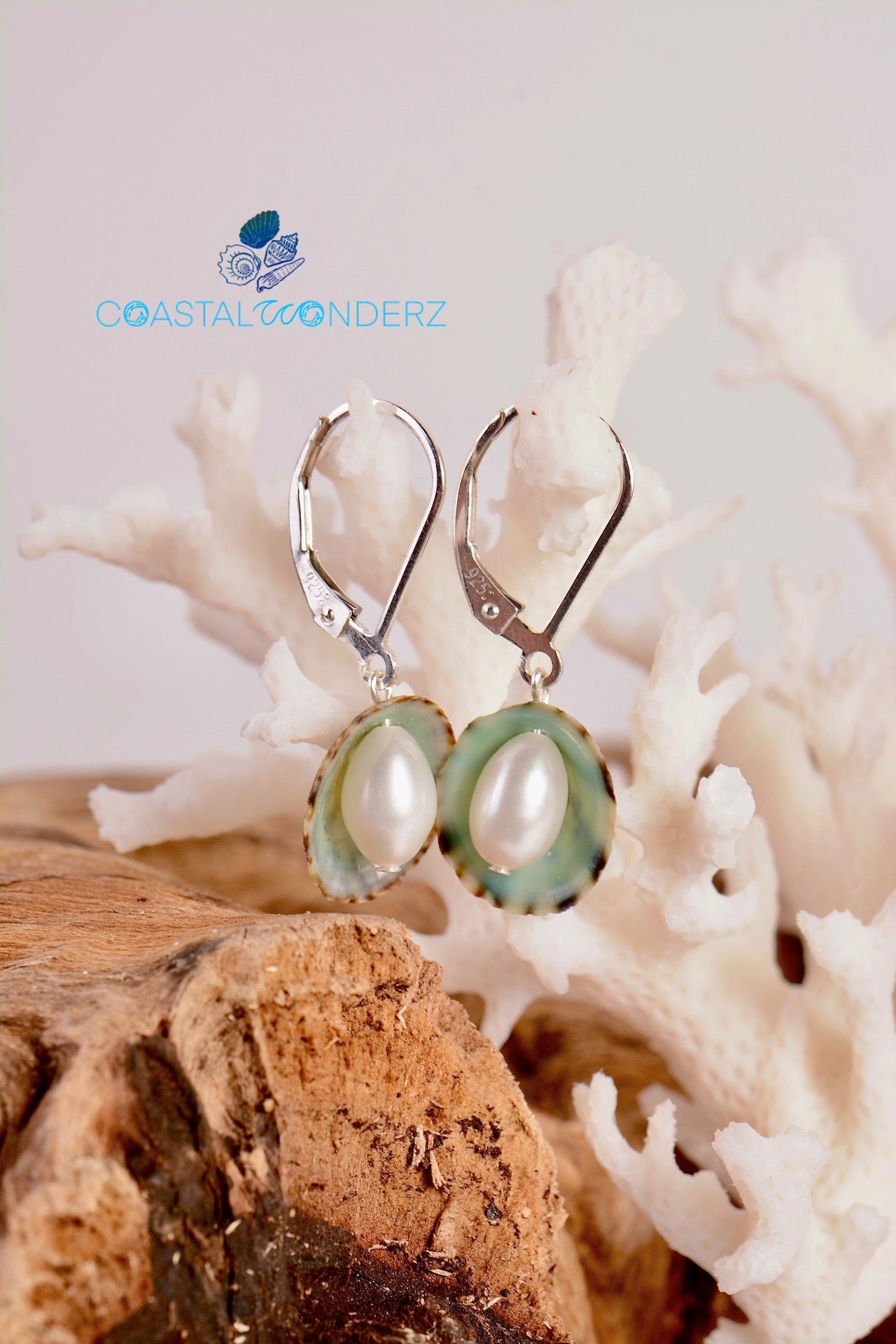 "Brooke" Green Limpet and Pearl Earrings