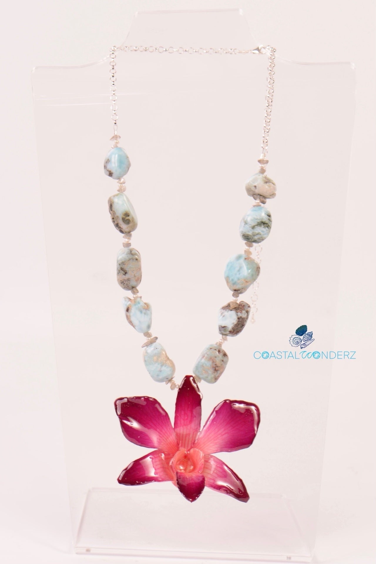 "Dewi" Larimar and Sterling Everyday Real Orchid Necklace