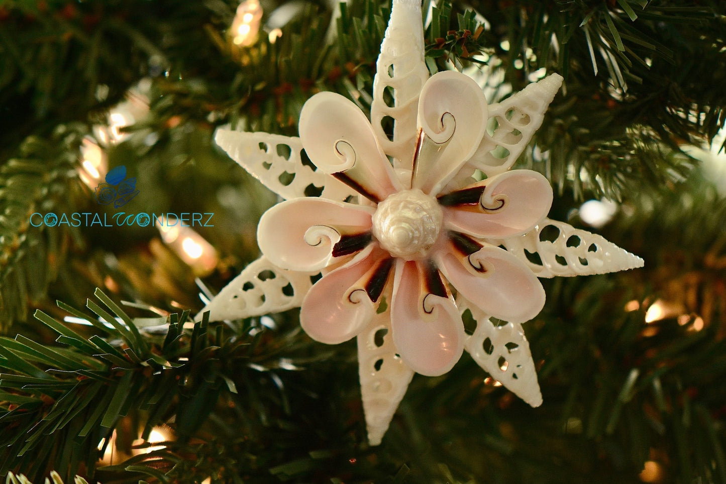 Seashell Snowflake Ornament -White Cerith, Strombus and Pearl Trocha